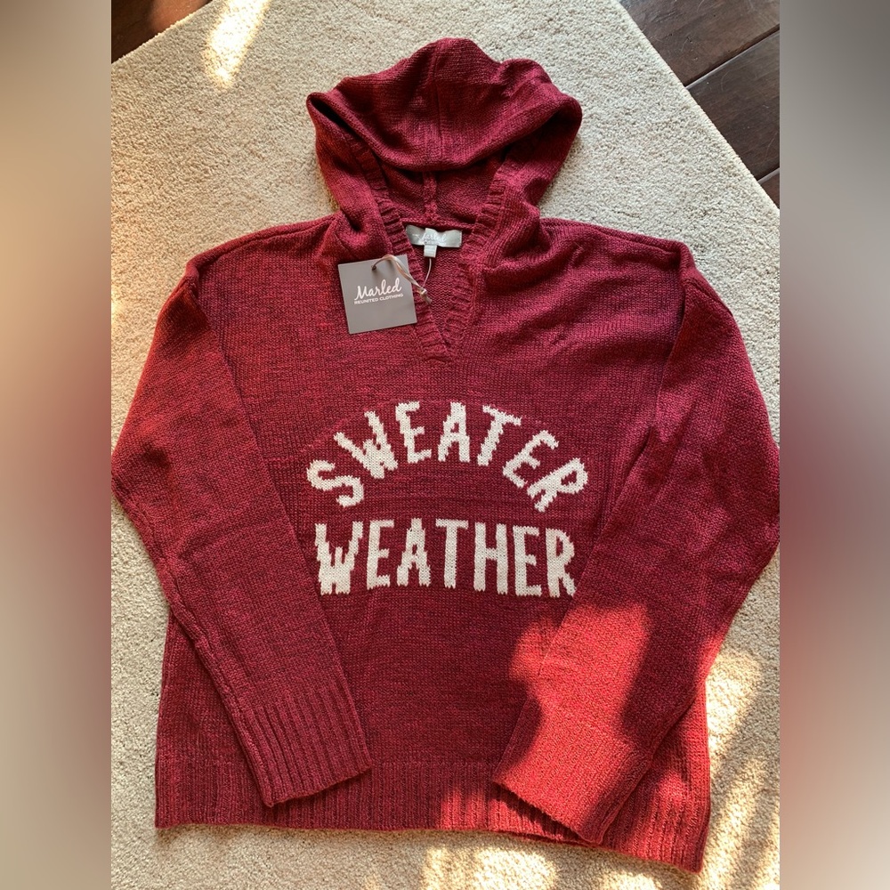 NWT SPELLOUT “Sweater Weather” Maroon Hooded Knit Pullover Sweater Women's M